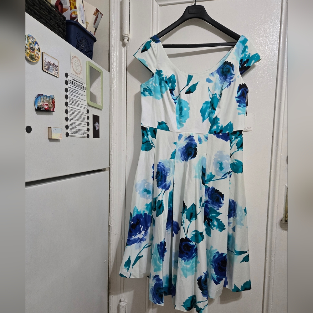 Calvin Klein Blue Floral Midi Dress, Size 14W